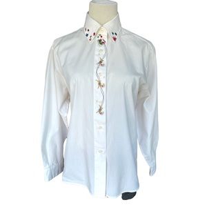 VINTAGE • 1980’s • CHRISTMAS BUTTON-UP BLOUSE• Embroidered•